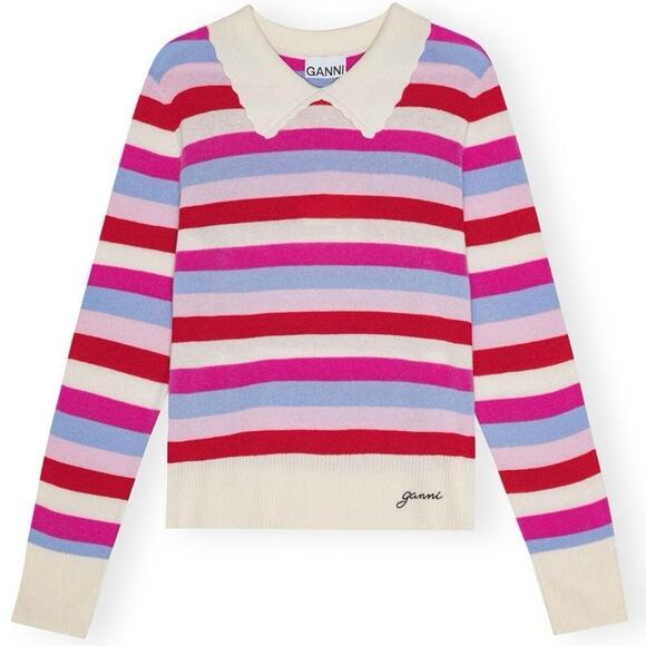 NWT Ganni Egret Striped Collar Pullover